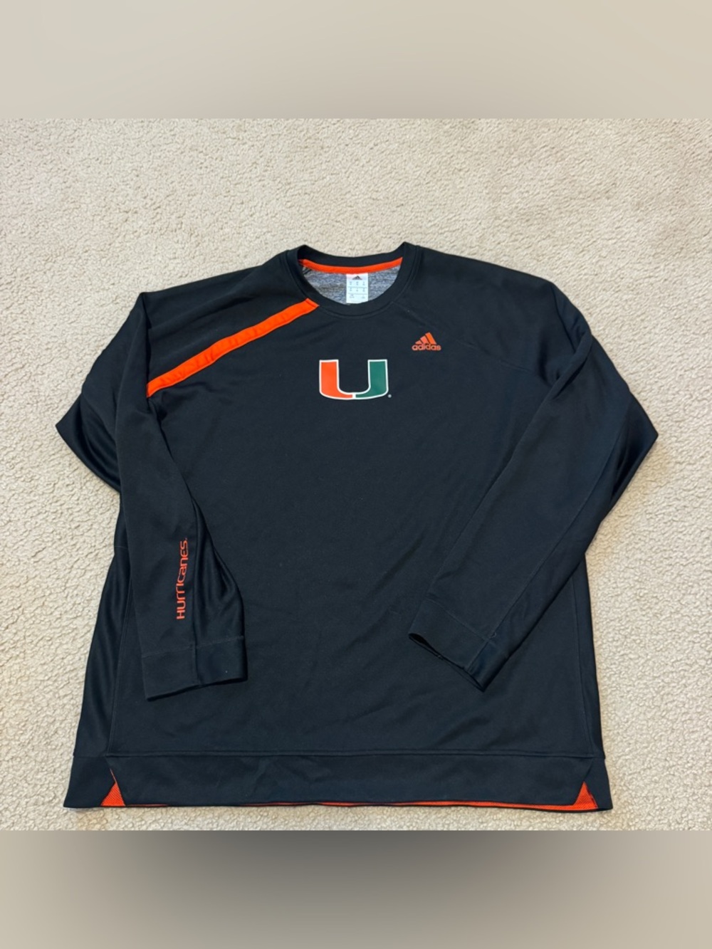 adidas Black Miami Hurricanes Long-Sleeve Performance Top with Orange Trim